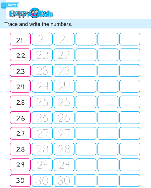 Preschool Number Trace and Write Exercise 21 to 50